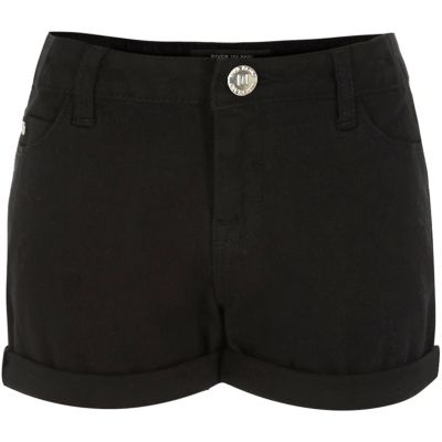 Girls black denim turn-up shorts